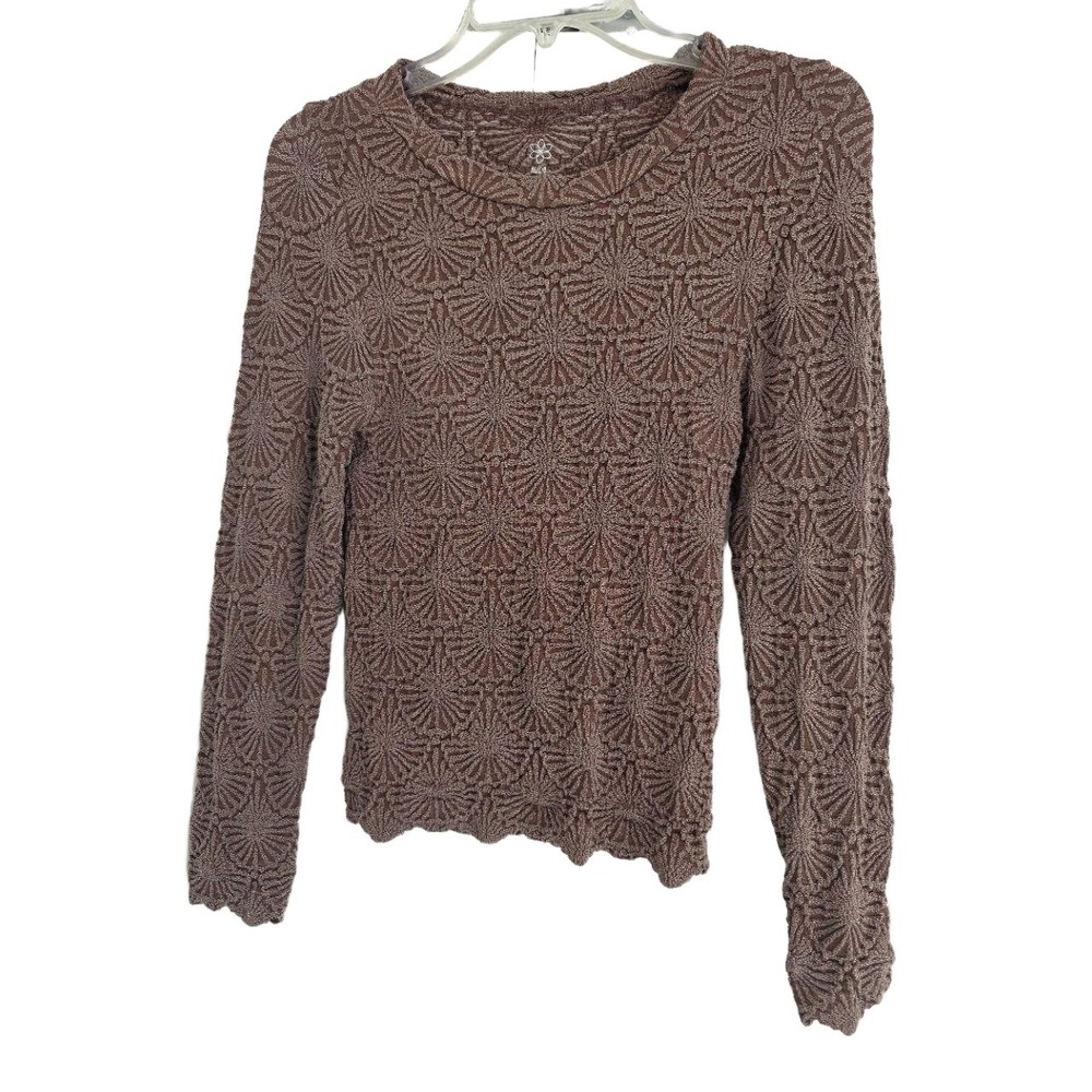 AURA Brown Mauve Textured Knit Crew Neck‎ Long Sleeve Scalloped Hem Sweater LG - Picture 9 of 9